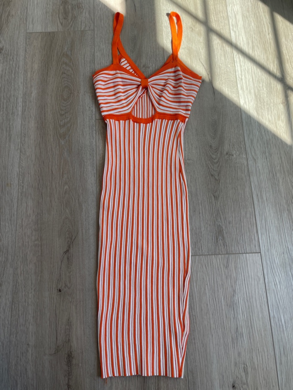 🛍️ 2/$30 | Orange and White Striped Stretchy Knit Midi Dress with Cutout